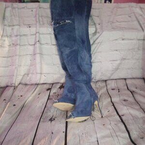 Denim distressed open toe thigh high boots